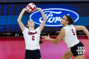Nebraska Cornhusker setter Bergen Reilly (2) sets the ball for middle blocker Rebekah Allick (5) in the second set against the Michigan State Spartans during a college volleyball match on Saturday, October 25, 2025, in Lincoln, Nebraska. Photo by John S. Peterson.