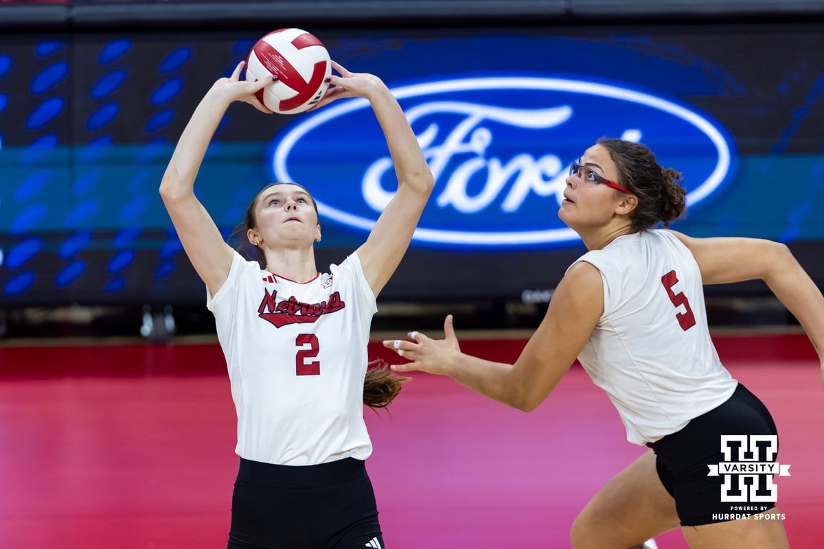 Nebraska Cornhusker setter Bergen Reilly (2) sets the ball for middle blocker Rebekah Allick (5) in the second set against the Michigan State Spartans during a college volleyball match on Saturday, October 25, 2025, in Lincoln, Nebraska. Photo by John S. Peterson.