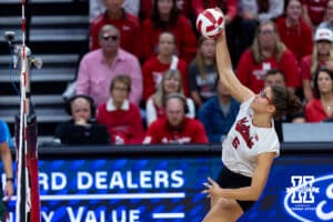 Nebraska Cornhusker middle blocker Rebekah Allick (5) spikes the ball against the Michigan State Spartans in the second set on during a college volleyball match on Saturday, October 25, 2025, in Lincoln, Nebraska. Photo by John S. Peterson.