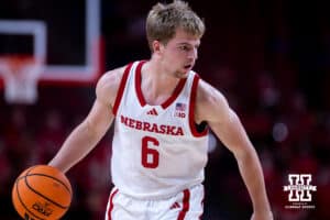 Nebraska Cornhusker Will Cooper (6) dribbles the ball against the Midland Vikings in the second half during a college men’s basketball exhibition game on Monday, October 27, 2025, in Lincoln, Nebraska. Photo by John S. Peterson.