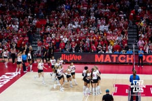 Nebraska Cornhuskers celebrates the sweep against the Michigan State Spartans during a college volleyball match on Saturday, October 25, 2025, in Lincoln, Nebraska. Photo by John S. Peterson.