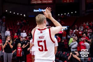 Nebraska Cornhusker Rienk Mast (51) claps for the fans as he heads to the locker room after the win over the Midland Vikings during a college men’s basketball exhibition game on Monday, October 27, 2025, in Lincoln, Nebraska. Photo by John S. Peterson.