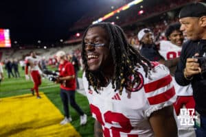 Nebraska Cornhusker wide receiver Kenneth Williams (32) celebrates the wins over the Maryland Terrapins during a college football game on Saturday, October 11, 2025, in College Park, MD. Photo by John S. Peterson.