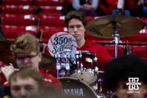 Nebraska Cornhusker pep bank drum has 350th Sellout sign on his drums during a college volleyball match against the Iowa Hawkeyes on Thursday, Nov. 20, 2025, in Lincoln, Nebraska. Photo by John S. Peterson.