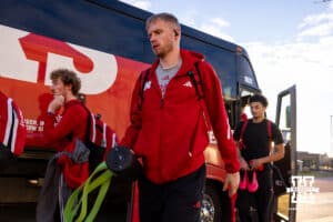 Nebraska Cornhusker forward Rienk Mast (51) and the rest of the Huskers arrive at the arena during a college men’s basketball game against the Oklahoma Sooners on Saturday, Nov 15, 2025, in Sioux Falls, South Dakota. Photo by John S. Peterson.
