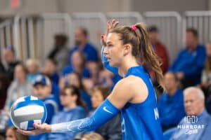 Creighton Bluejay Ava Martin #8 waits to serve during a volleyball game against Georgetown on Sunday, November 9, 2025, in Omaha, Nebraska. Photo by Brandon Tiedemann.