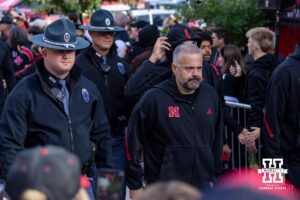 Nebraska Cornhusker head coach Matt Rhule walks to the stadium before taking on Southern California Trojans in the Legacy Walk during a college football game on Saturday, November 1, 2025, in Lincoln, Nebraska. Photo by John S. Peterson.