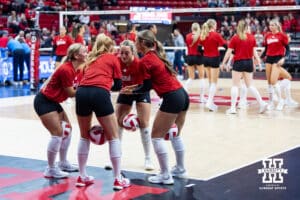 Nebraska Cornhusker little do their ritual before taking on the Illinois Fighting Illini during a college volleyball match on Thursday, November 6, 2025, in Lincoln, Nebraska. Photo by John S. Peterson.