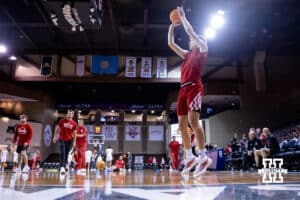 Nebraska Cornhusker forward Pryce Sandfort (21) warms up to take on the Oklahoma Sooners during a college men’s basketball game on Saturday, Nov 15, 2025, in Sioux Falls, South Dakota. Photo by John S. Peterson.