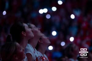 Nebraska Cornhuskers watching the hype video before taking on the Iowa Hawkeyes during a college volleyball match on Thursday, Nov. 20, 2025, in Lincoln, Nebraska. Photo by John S. Peterson.
