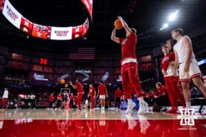 Nebraska Cornhusker guard Connor Essegian (0) makes a basket warming up for Winthrop Eagles during a college basketball game on Tuesday, Nov. 25, 2025, in Lincoln, Nebraska. Photo by John S. Peterson.