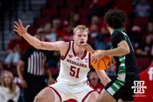 Nebraska Cornhusker forward Rienk Mast (51) defends against South Carolina Upstate Spartan guard Karmani Gregory (1) in the first half during a college basketball game on Saturday, November 29, 2025, in Lincoln, Nebraska. Photo by John S. Peterson.