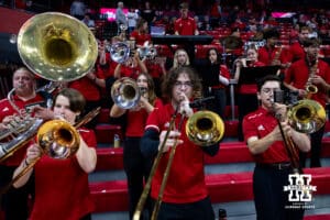 Nebraska Cornhuskers pep band performs during a college volleyball match against the Illinois Fighting Illini on Thursday, November 6, 2025, in Lincoln, Nebraska. Photo by John S. Peterson.