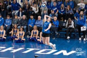 Creighton Bluejay Nora Wurtz #19 serves during a volleyball game against Georgetown on Sunday, November 9, 2025, in Omaha, Nebraska. Photo by Brandon Tiedemann.