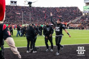 Nebraska Cornhusker quarterback Dylan Raiola (15) waves to the fans as he heads to the locker room before taking on the Southern California Trojans during a college football game on Saturday, November 1, 2025, in Lincoln, Nebraska. Photo by John S. Peterson.