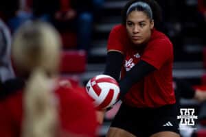 Nebraska Cornhusker outside hitter Teraya Sigler (11) warms up before taking on the Illinois Fighting Illini during a college volleyball match on Thursday, November 6, 2025, in Lincoln, Nebraska. Photo by John S. Peterson.