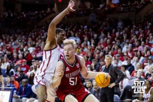 Nebraska Cornhusker forward Rienk Mast (51) drives to the basket against Oklahoma Sooner forward Mohamed Wague (5) in the first half during a college men’s basketball game on Saturday, Nov 15, 2025, in Sioux Falls, South Dakota. Photo by John S. Peterson.