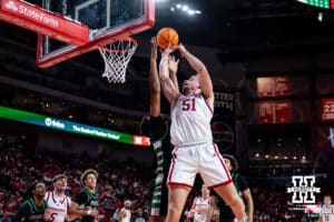 Nebraska Cornhusker forward Rienk Mast (51) makes a lay up against the South Carolina Upstate Spartans in the first half during a college basketball game on Saturday, November 29, 2025, in Lincoln, Nebraska. Photo by John S. Peterson.