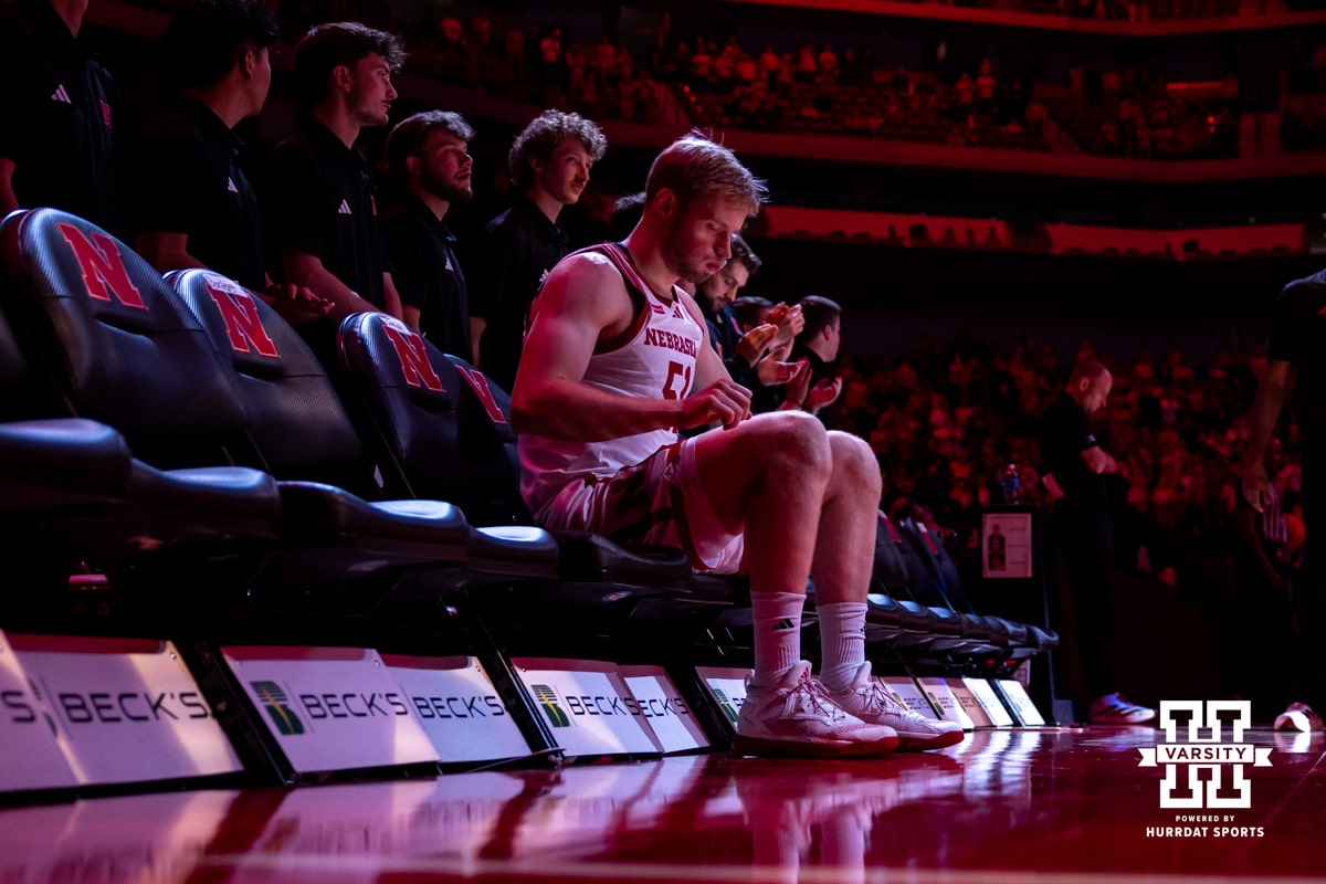 Nebraska Cornhusker forward Rienk Mast (51) last one for introductions during a college men’s basketball game against the West Georgia Wolves on Monday, November 3, 2025, in Lincoln, Nebraska. Photo by John S. Peterson.