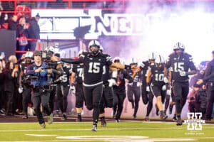 Nebraska Cornhusker quarterback Dylan Raiola (15) leads the Huskers out to take on the Southern California Trojans during a college football game on Saturday, November 1, 2025, in Lincoln, Nebraska. Photo by John S. Peterson.