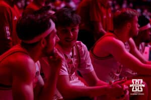 Nebraska Cornhusker forward Braden Frager (5) waiting to be introduced for his first start against the Winthrop Eagles during a college basketball game on Tuesday, Nov. 25, 2025, in Lincoln, Nebraska. Photo by John S. Peterson.