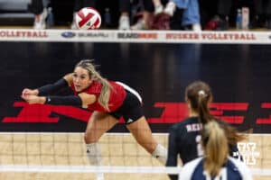 Nebraska Cornhusker libero Laney Choboy (6) passes the ball against the Penn State Nittany Lions in the first set during a volleyball match on Friday, Nov. 28, 2025, in Lincoln, Nebraska. Photo by John S. Peterson.