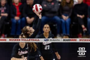 Nebraska Cornhusker setter Bergen Reilly (2) sets the ball against the Penn State Nittany Lions in the first set during a volleyball match on Friday, Nov. 28, 2025, in Lincoln, Nebraska. Photo by John S. Peterson.