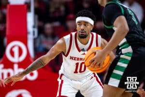 Nebraska Cornhusker guard Jamarques Lawrence (10) guards South Carolina Upstate Spartan guard Mason Bendinger (9) in the first half during a college basketball game on Saturday, November 29, 2025, in Lincoln, Nebraska. Photo by John S. Peterson.