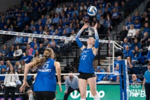 Creighton Bluejay Annalea Maeder #17 sets the ball during a volleyball game against Georgetown on Sunday, November 9, 2025, in Omaha, Nebraska. Photo by Brandon Tiedemann.