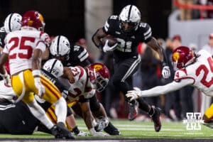 Nebraska Cornhusker running back Emmett Johnson (21) runs with the ball against the Southern California Trojans in the first quarter during a college football game on Saturday, November 1, 2025, in Lincoln, Nebraska. Photo by John S. Peterson.