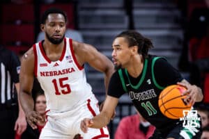 Nebraska Cornhusker forward Jared Garcia (15) guards against South Carolina Upstate Spartan forward Learic Davis (11) in the first half during a college basketball game on Saturday, November 29, 2025, in Lincoln, Nebraska. Photo by John S. Peterson.
