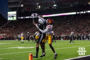 Nebraska Cornhusker wide receiver Dane Key (6) makes a catch for a touchdown against Southern California Trojan cornerback Decarlos Nicholson (17) in the first quarter during a college football game on Saturday, November 1, 2025, in Lincoln, Nebraska. Photo by John S. Peterson.
