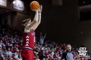 Nebraska Cornhusker guard Connor Essegian (0) makes a three-point shot against the Oklahoma Sooners in the first half during a college men’s basketball game on Saturday, Nov 15, 2025, in Sioux Falls, South Dakota. Photo by John S. Peterson.