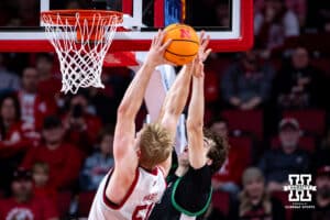Nebraska Cornhusker forward Rienk Mast (51) grabs a rebound against the South Carolina Upstate Spartans in the first half during a college basketball game on Saturday, November 29, 2025, in Lincoln, Nebraska. Photo by John S. Peterson.
