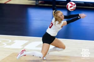 Nebraska Cornhusker defensive specialist Olivia Mauch (10) digs the ball against the Illinois Fighting Illini in the first set during a college volleyball match on Thursday, November 6, 2025, in Lincoln, Nebraska. Photo by John S. Peterson.