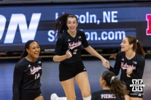 Nebraska Cornhusker opposite Virginia Adriano (9) celebrates a kill against the Penn State Nittany Lions in the second set during a volleyball match on Friday, Nov. 28, 2025, in Lincoln, Nebraska. Photo by John S. Peterson.