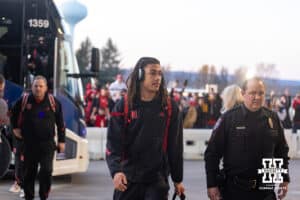 Nebraska Cornhusker quarterback TJ Lateef (14) arrives at Beaver Stadium before a college football game against the Penn State Nittany Lions on Saturday, Nov. 22, 2025, in State College, PA. Photo by John S. Peterson.