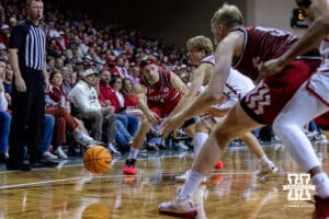 Nebraska Cornhusker guard Sam Hoiberg (1) makes a pass to forward Rienk Mast (51) against the Oklahoma Sooners in the first half during a college men’s basketball game on Saturday, Nov 15, 2025, in Sioux Falls, South Dakota. Photo by John S. Peterson.
