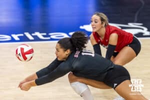 Nebraska Cornhusker outside hitter Teraya Sigler (11) passes the ball against the Penn State Nittany Lions in the second set during a volleyball match on Friday, Nov. 28, 2025, in Lincoln, Nebraska. Photo by John S. Peterson.