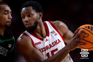 Nebraska Cornhusker forward Jared Garcia (15) drives to the basket in the first half against the South Carolina Upstate Spartans during a college basketball game on Saturday, November 29, 2025, in Lincoln, Nebraska. Photo by John S. Peterson.