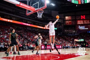 Nebraska Cornhusker forward Rienk Mast (51) reaches for the rebound against the South Carolina Upstate Spartans in the first half during a college basketball game on Saturday, November 29, 2025, in Lincoln, Nebraska. Photo by John S. Peterson.