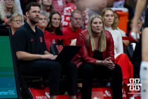 Nebraska Cornhusker head coach Dani Busboom Kelly watches the action on the court against the Illinois Fighting Illini in the second set during a college volleyball match on Thursday, November 6, 2025, in Lincoln, Nebraska. Photo by John S. Peterson.