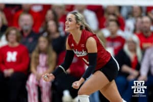 Nebraska Cornhusker libero/defensive specialist Laney Choboy (6) celebrates a point against the Illinois Fighting Illini during a college volleyball match on Thursday, November 6, 2025, in Lincoln, Nebraska. Photo by John S. Peterson.