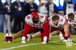 Nebraska Cornhusker defensive lineman Elijah Jeudy (16) warming up before the game against the Penn State Nittany Lions during a college football game on Saturday, Nov. 22, 2025, in State College, PA. Photo by John S. Peterson.