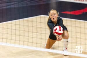 Nebraska Cornhusker defensive specialist Olivia Mauch (10) digs the ball against the Penn State Nittany Lions in the third set during a volleyball match on Friday, Nov. 28, 2025, in Lincoln, Nebraska. Photo by John S. Peterson.