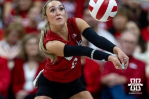 Nebraska Cornhusker libero/defensive specialist Laney Choboy (6) digs the ball against the Illinois Fighting Illini in the second set during a college volleyball match on Thursday, November 6, 2025, in Lincoln, Nebraska. Photo by John S. Peterson.