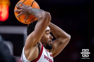 Nebraska Cornhusker guard Jamarques Lawrence (10) makes a pass against the South Carolina Upstate Spartans in the second half during a college basketball game on Saturday, November 29, 2025, in Lincoln, Nebraska. Photo by John S. Peterson.