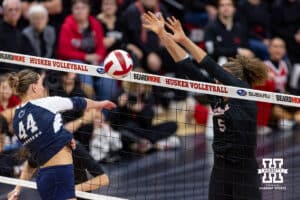 Nebraska Cornhusker middle blocker Rebekah Allick (5) blocks Nebraska Cornhusker middle blocker Rebekah Allick (5) in the third set during a volleyball match on Friday, Nov. 28, 2025, in Lincoln, Nebraska. Photo by John S. Peterson.