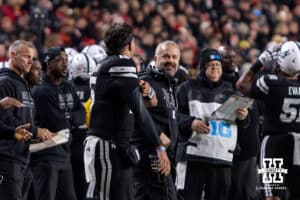Nebraska Cornhusker head coach Matt Rhule smiles as he talks to quarterback Dylan Raiola (15) in the second quarter against the Southern California Trojans during a college football game on Saturday, November 1, 2025, in Lincoln, Nebraska. Photo by John S. Peterson.