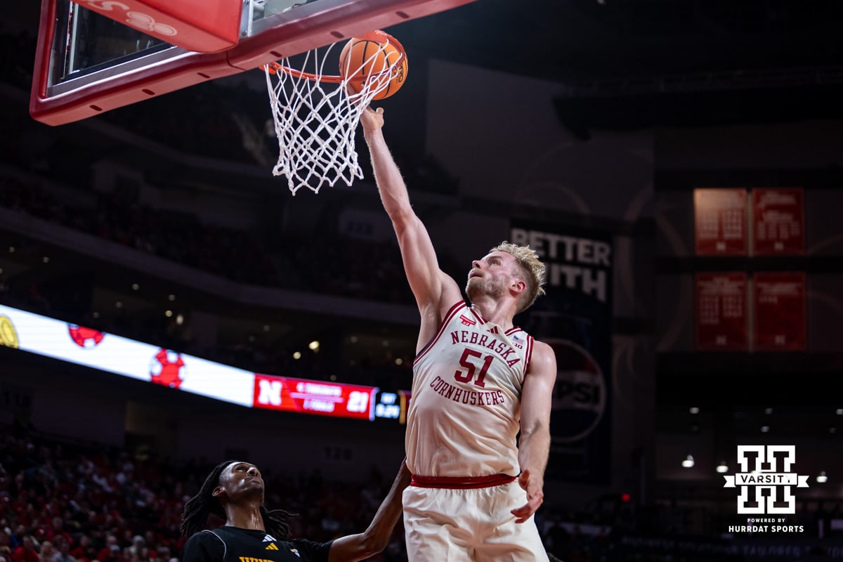 Nebraska Cornhusker forward Rienk Mast (51) makes a lay up, putting him over 1500 career points, against the Winthrop Eagles in the first half during a college basketball game on Tuesday, Nov. 25, 2025, in Lincoln, Nebraska. Photo by John S. Peterson.